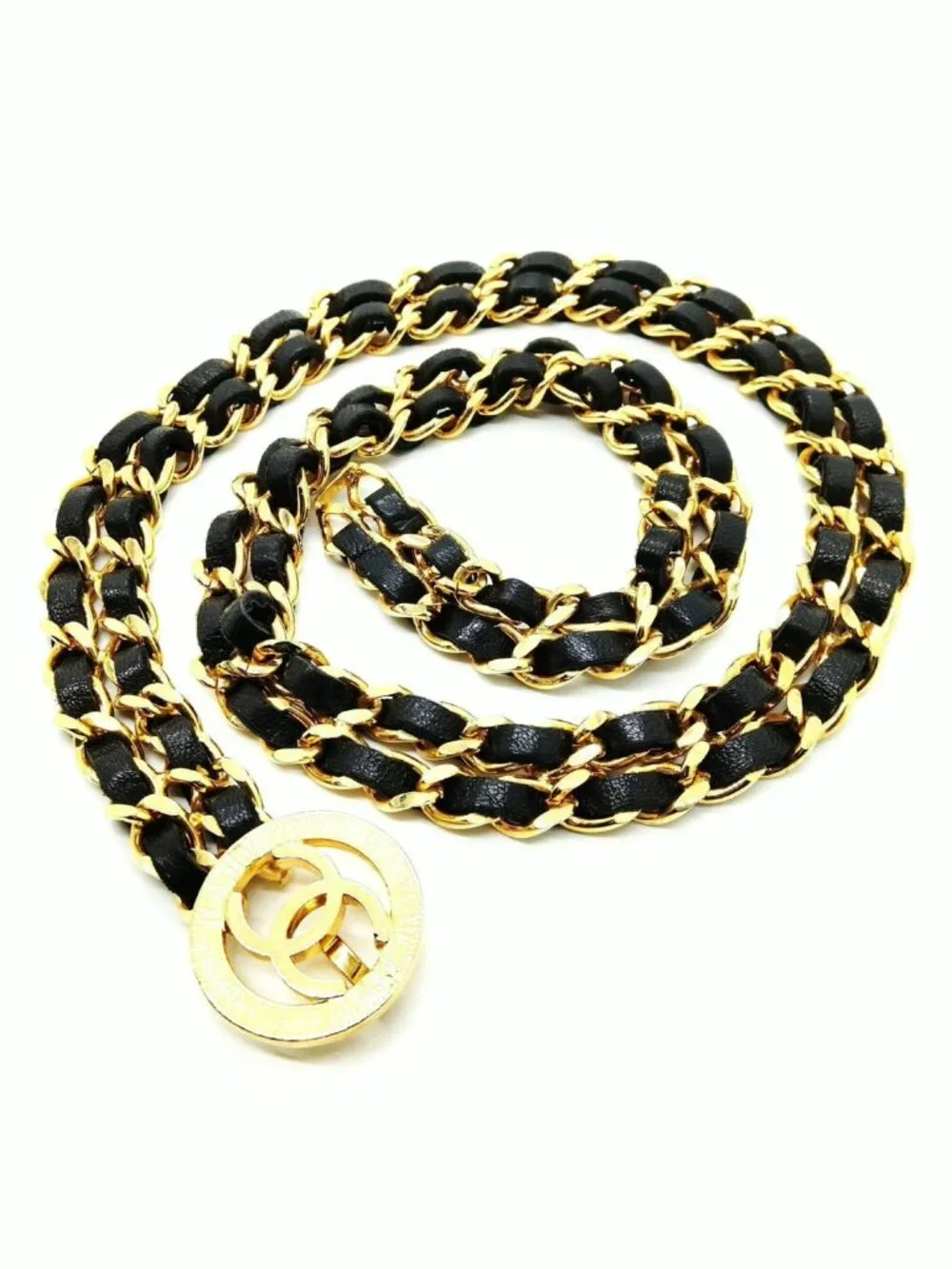 Authentic Chanel CC Chain Belt Black Leather Gold Medallion Logo - Picture 2 of 10